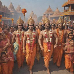 Lord Ram, accompanied by Sita, Lakshman and Hanuman, making a triumphant return to the lively kingdom of Ayodhya adorned with vibrant decorations and jubilant crowd celebrates their return.