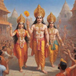 Lord Ram, accompanied by Sita, Lakshman and Hanuman, making a triumphant return to the lively kingdom of Ayodhya adorned with vibrant decorations and jubilant crowd celebrates their return.