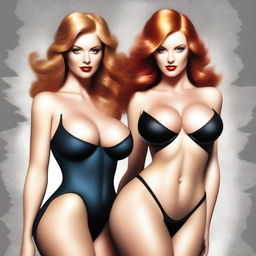 A high-quality digital art piece showcasing two striking women, one blonde and one redhead