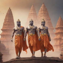 Sci-fi interpretation of Lord Ram, Laxman and Hanuman returning to Ayodhya, embedded with futuristic elements.