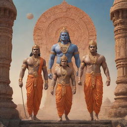 Sci-fi interpretation of Lord Ram, Laxman and Hanuman returning to Ayodhya, embedded with futuristic elements.