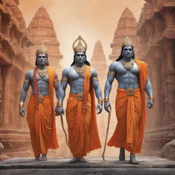 Sci-fi interpretation of Lord Ram, Laxman and Hanuman returning to Ayodhya, embedded with futuristic elements.