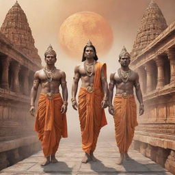 Sci-fi interpretation of Lord Ram, Laxman and Hanuman returning to Ayodhya, embedded with futuristic elements.