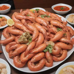 An all-you-can-eat seafood buffet at Cafe Sino, featuring a promotional offer of prawns for 1599, with overflowing plates of various seafood dishes beautifully arranged.