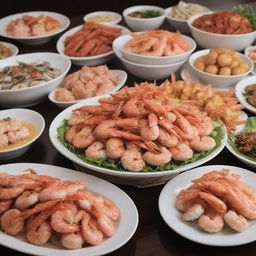 An all-you-can-eat seafood buffet at Cafe Sino, featuring a promotional offer of prawns for 1599, with overflowing plates of various seafood dishes beautifully arranged.