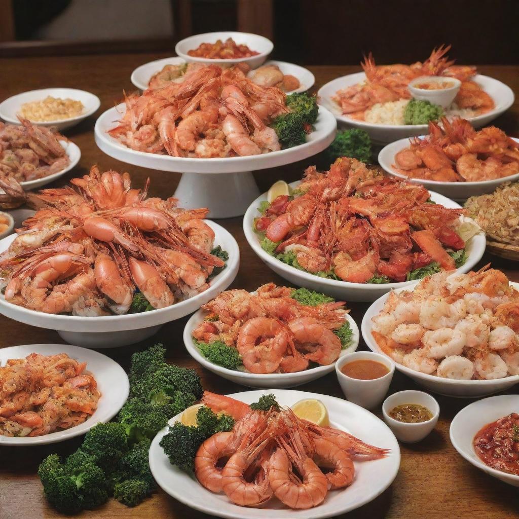 An all-you-can-eat seafood buffet at Cafe Sino, featuring a promotional offer of prawns for 1599, with overflowing plates of various seafood dishes beautifully arranged.