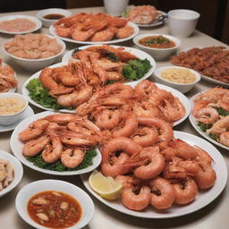 An all-you-can-eat seafood buffet at Cafe Sino, featuring a promotional offer of prawns for 1599, with overflowing plates of various seafood dishes beautifully arranged.