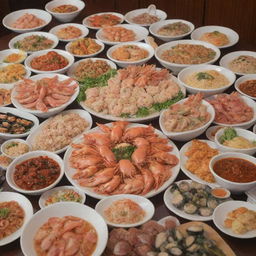 A bountiful all-you-can-eat seafood spread in Cafe Sino, filled with various ocean delicacies enticingly presented for diners.