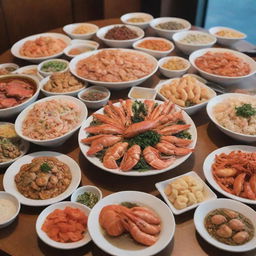 A bountiful all-you-can-eat seafood spread in Cafe Sino, filled with various ocean delicacies enticingly presented for diners.