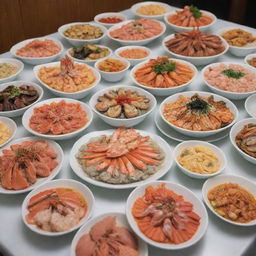 A bountiful all-you-can-eat seafood spread in Cafe Sino, filled with various ocean delicacies enticingly presented for diners.