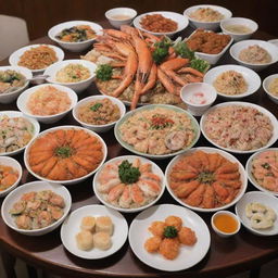 A bountiful all-you-can-eat seafood spread in Cafe Sino, filled with various ocean delicacies enticingly presented for diners.