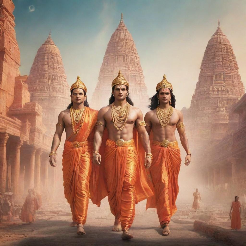 Lord Ram, with Sita, Lakshman, and Hanuman, returning to a futuristic Ayodhya city infused with high-tech technology, making a blend of divine and advanced sci-fi scene.