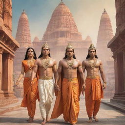 Lord Ram, with Sita, Lakshman, and Hanuman, returning to a futuristic Ayodhya city infused with high-tech technology, making a blend of divine and advanced sci-fi scene.