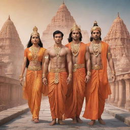 Lord Ram, with Sita, Lakshman, and Hanuman, returning to a futuristic Ayodhya city infused with high-tech technology, making a blend of divine and advanced sci-fi scene.