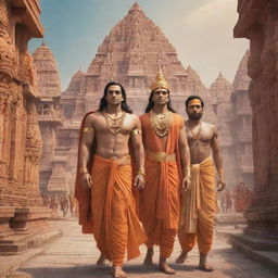 Lord Ram, with Sita, Lakshman, and Hanuman, returning to a futuristic Ayodhya city infused with high-tech technology, making a blend of divine and advanced sci-fi scene.