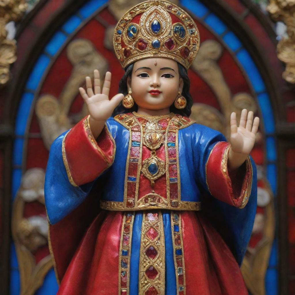 A beautifully sculpted figurine of the Sto. Niño, a notable religious icon in the Philippines, adorned in regal, gold-trimmed red and blue clothing. His hands are raised in peaceful blessing amid a background of painted stained glass.