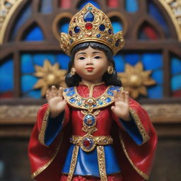 A beautifully sculpted figurine of the Sto. Niño, a notable religious icon in the Philippines, adorned in regal, gold-trimmed red and blue clothing. His hands are raised in peaceful blessing amid a background of painted stained glass.