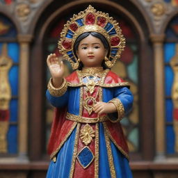 A beautifully sculpted figurine of the Sto. Niño, a notable religious icon in the Philippines, adorned in regal, gold-trimmed red and blue clothing. His hands are raised in peaceful blessing amid a background of painted stained glass.