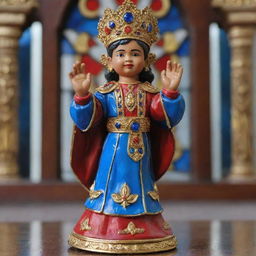 A beautifully sculpted figurine of the Sto. Niño, a notable religious icon in the Philippines, adorned in regal, gold-trimmed red and blue clothing. His hands are raised in peaceful blessing amid a background of painted stained glass.