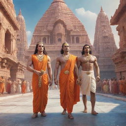 Hyperrealistic scene of Lord Ram, with Sita, Lakshman, and Hanuman, landing in a high-tech Pushpak Vimaan in a futuristic Ayodhya city bustling with aliens. The divine meeting the ultra-modern science fiction.