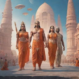 Hyperrealistic scene of Lord Ram, with Sita, Lakshman, and Hanuman, landing in a high-tech Pushpak Vimaan in a futuristic Ayodhya city bustling with aliens. The divine meeting the ultra-modern science fiction.