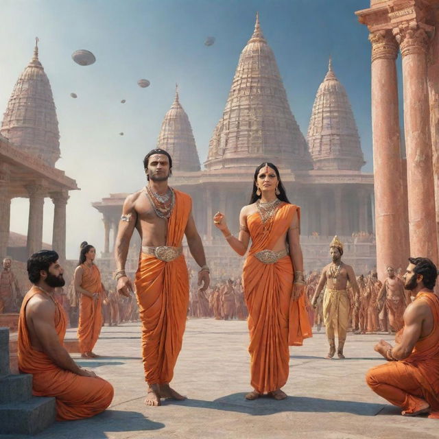 Hyperrealistic scene of Lord Ram, with Sita, Lakshman, and Hanuman, landing in a high-tech Pushpak Vimaan in a futuristic Ayodhya city bustling with aliens. The divine meeting the ultra-modern science fiction.