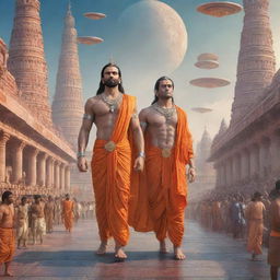 Hyperrealistic scene of Lord Ram, with Sita, Lakshman, and Hanuman, landing in a high-tech Pushpak Vimaan in a futuristic Ayodhya city bustling with aliens. The divine meeting the ultra-modern science fiction.