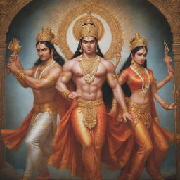 A hyperrealistic portrayal of a powerful avatar of Lord Ram, with Sita, Laxman, and Hanuman featuring commanding poses, radiant aura and divine detailing.