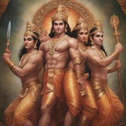 A hyperrealistic portrayal of a powerful avatar of Lord Ram, with Sita, Laxman, and Hanuman featuring commanding poses, radiant aura and divine detailing.