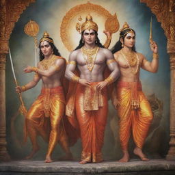 A hyperrealistic portrayal of a powerful avatar of Lord Ram, with Sita, Laxman, and Hanuman featuring commanding poses, radiant aura and divine detailing.