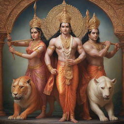 A hyperrealistic portrayal of a powerful avatar of Lord Ram, with Sita, Laxman, and Hanuman featuring commanding poses, radiant aura and divine detailing.