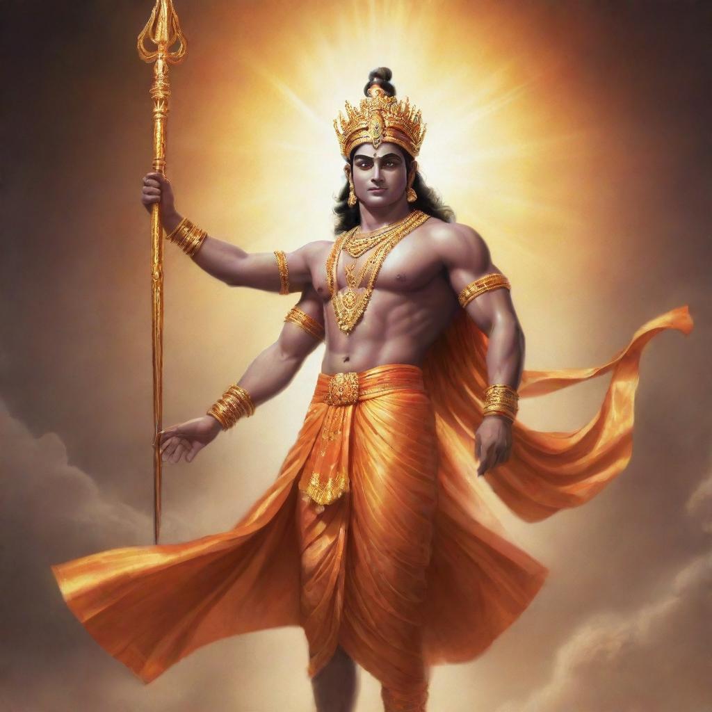 A striking depiction of a powerful avatar of Lord Ram showing a glorious radiance and commanding aura that exudes divine authority.