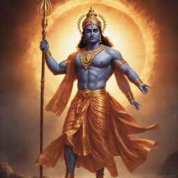 A striking depiction of a powerful avatar of Lord Ram showing a glorious radiance and commanding aura that exudes divine authority.