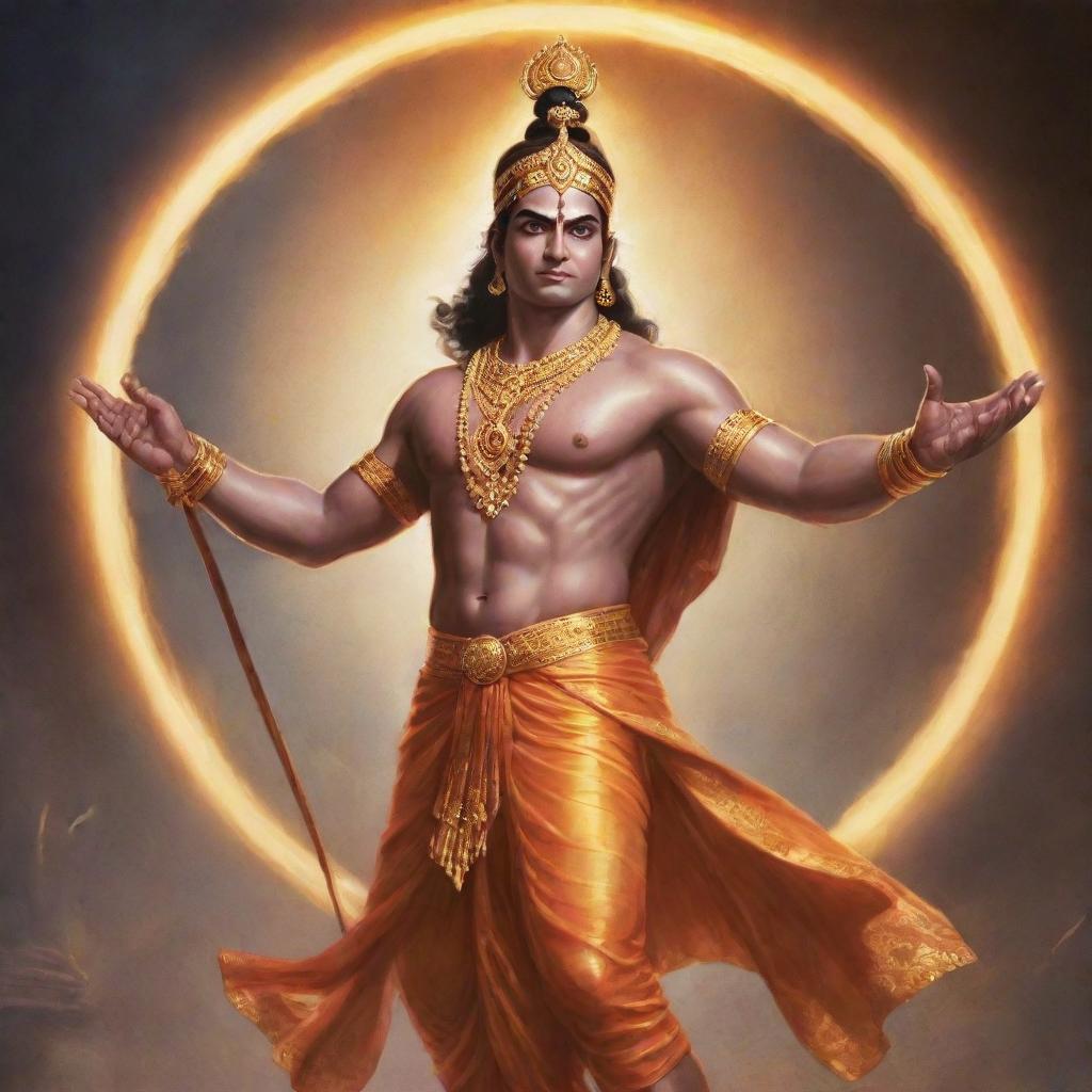 A striking depiction of a powerful avatar of Lord Ram showing a glorious radiance and commanding aura that exudes divine authority.