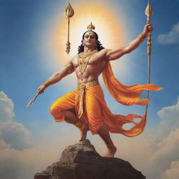 An awe-inspiring image of Lord Ram in a mighty avatar, radiating power and authority, seated in the iconic Pushpak Vimaan soaring in the sky.