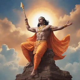 An awe-inspiring image of Lord Ram in a mighty avatar, radiating power and authority, seated in the iconic Pushpak Vimaan soaring in the sky.