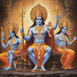 Lord Ram in a powerful avatar seated majestically, along with Sita, Laxman, and Hanuman, all radiating divine power and serenity.