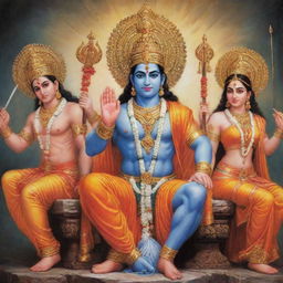 Lord Ram in a powerful avatar seated majestically, along with Sita, Laxman, and Hanuman, all radiating divine power and serenity.