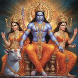 Lord Ram in a powerful avatar seated majestically, along with Sita, Laxman, and Hanuman, all radiating divine power and serenity.