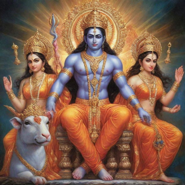 Lord Ram in a powerful avatar seated majestically, along with Sita, Laxman, and Hanuman, all radiating divine power and serenity.