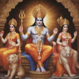 Lord Ram in a powerful avatar seated majestically, along with Sita, Laxman, and Hanuman, all radiating divine power and serenity.