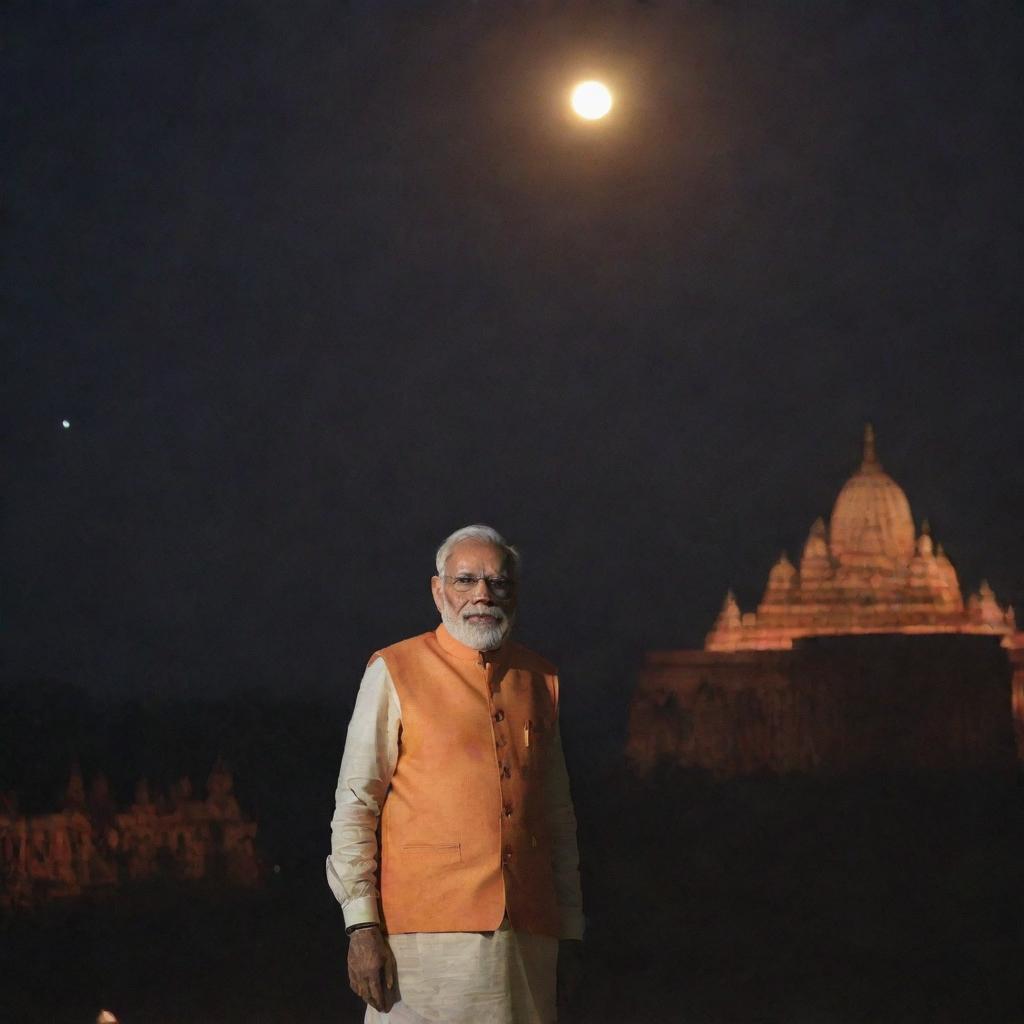 Ram Mandir (temple) bathed in the soft glow of moonlight with Narendra Modi standing in the foreground.