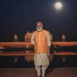 Ram Mandir (temple) bathed in the soft glow of moonlight with Narendra Modi standing in the foreground.