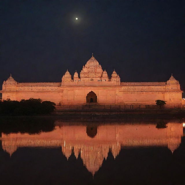 Ram Mandir (temple) bathed in the soft glow of moonlight with Narendra Modi standing in the foreground.