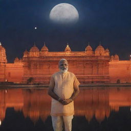 Ram Mandir (temple) bathed in the soft glow of moonlight with Narendra Modi standing in the foreground.