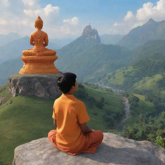 Generate a 3D image of a boy in a saffron shirt sitting on a mountain, in a prayer position, looking up at the Shree Ram statue. The statue has an arrow and bow on its back. The scenery is aesthetically pleasing and the impression is one of receiving blessings from the statue.