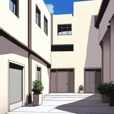 The astylar courtyard in the anime series had a minimalist and modern design.