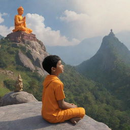 Generate a 3D image of a boy in a saffron shirt sitting on a mountain, in a prayer position, looking up at the Shree Ram statue. The statue has an arrow and bow on its back. The scenery is aesthetically pleasing and the impression is one of receiving blessings from the statue.