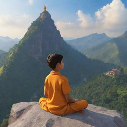 Generate a 3D image of a boy in a saffron shirt sitting on a mountain, in a prayer position, looking up at the Shree Ram statue. The statue has an arrow and bow on its back. The scenery is aesthetically pleasing and the impression is one of receiving blessings from the statue.