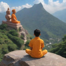 Generate a 3D image of a boy in a saffron shirt sitting on a mountain, in a prayer position, looking up at the Shree Ram statue. The statue has an arrow and bow on its back. The scenery is aesthetically pleasing and the impression is one of receiving blessings from the statue.